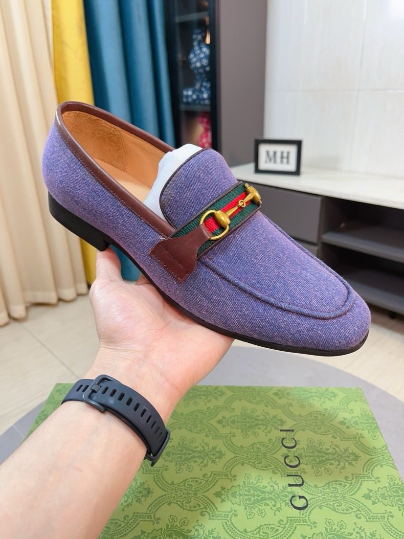 Gucci Purple-Blue Brown-Trim Loafers