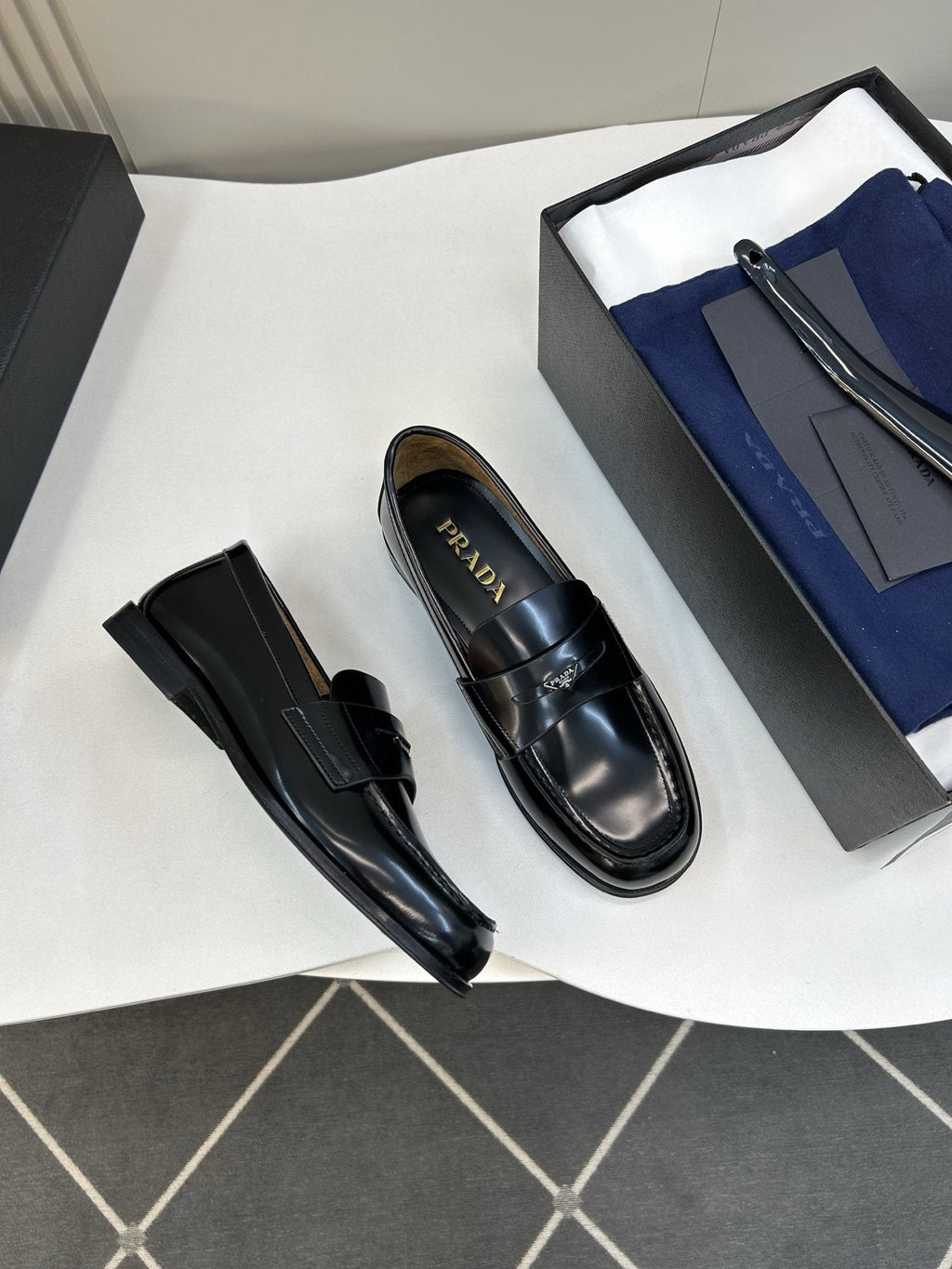 Prada Black Glossy Moc-Toe Loafers