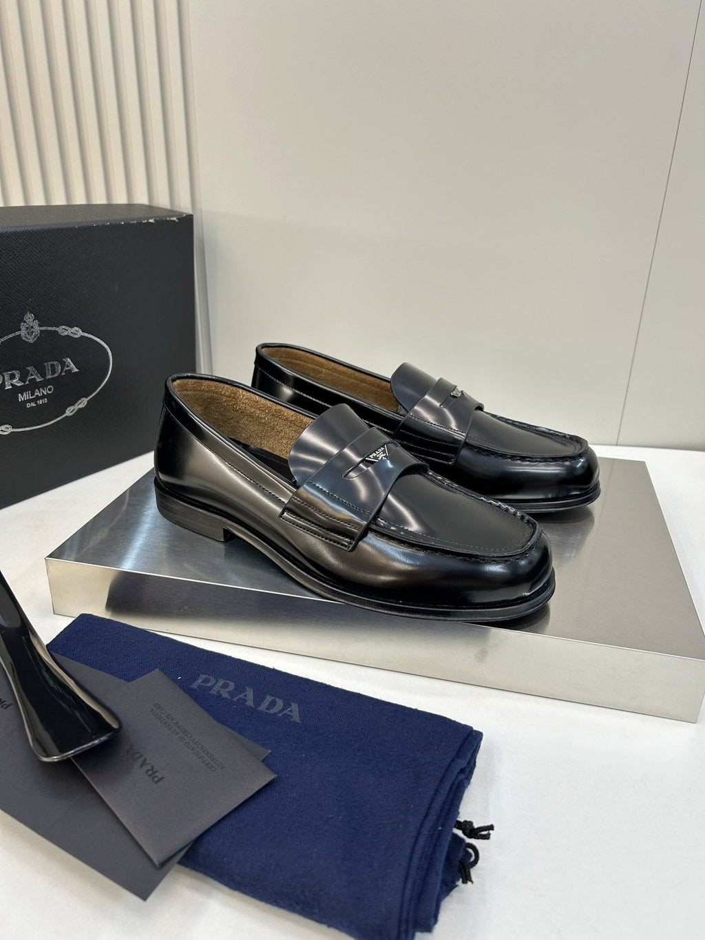 Prada Black Glossy Moc-Toe Loafers