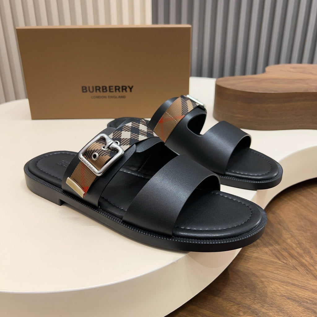 Burberry Plaid Buckle Slide Sandals - Flat Sole