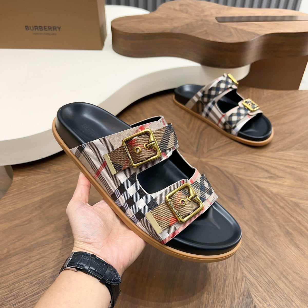 Burberry Plaid Buckle Slide Sandals - Cross Straps