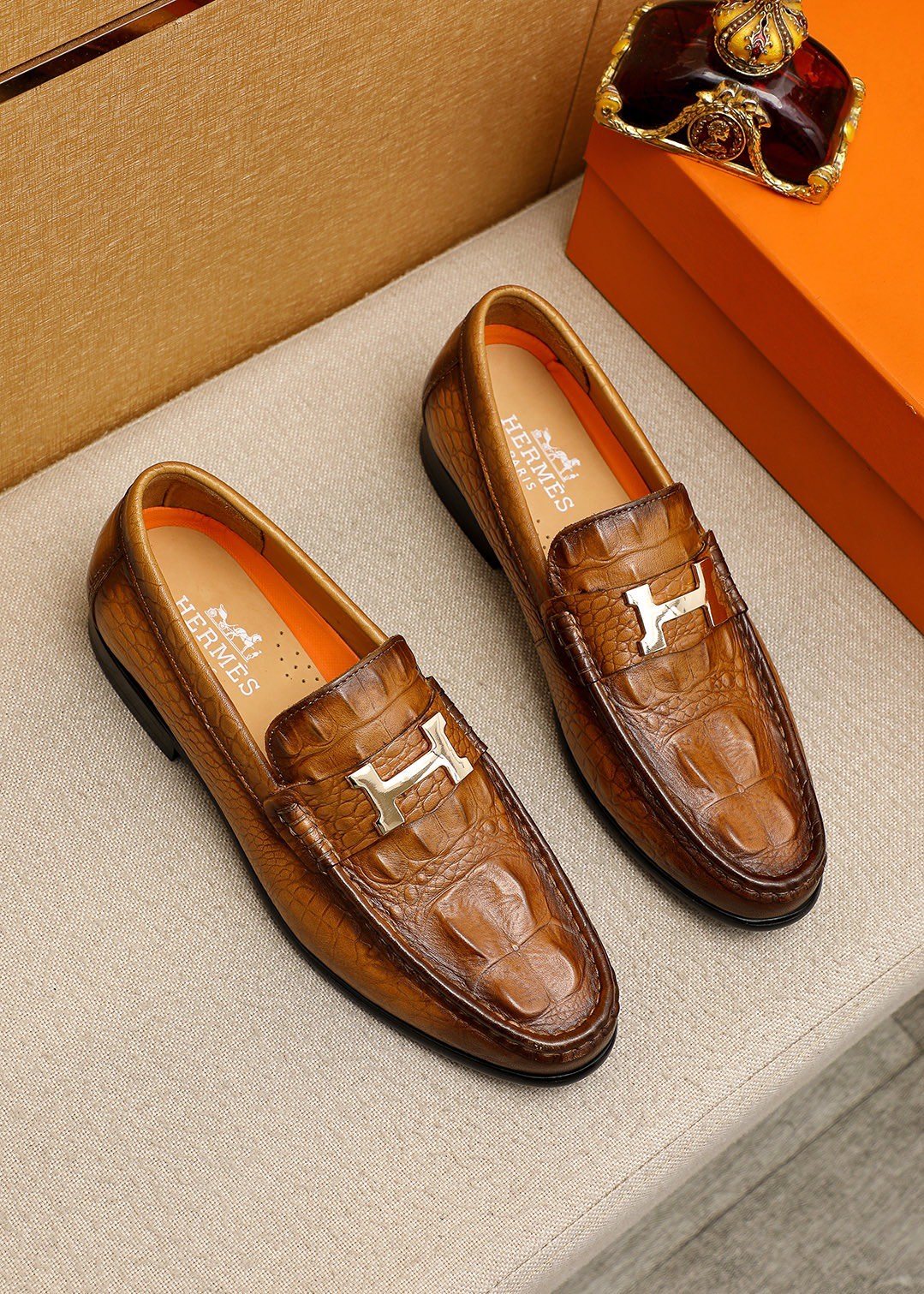 Hermès Textured Metal-Hardware Loafers
