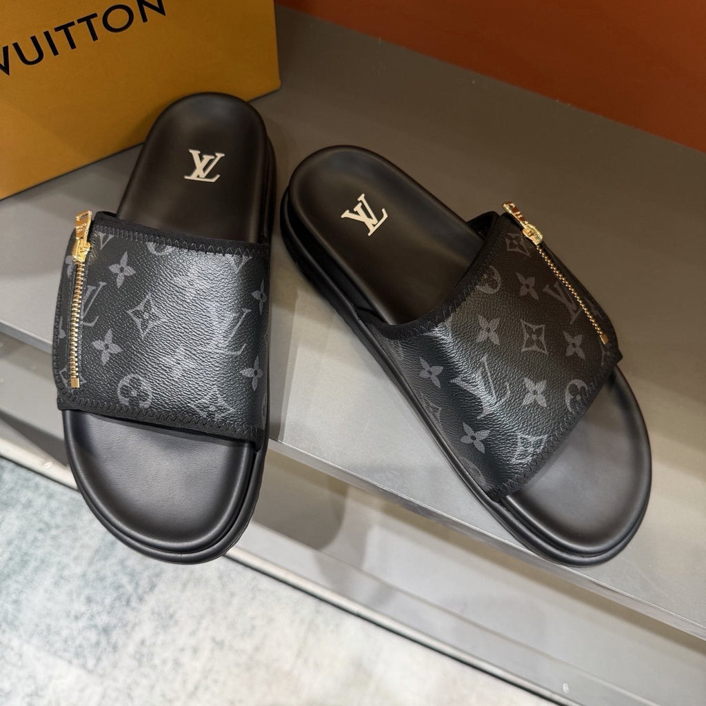 Louis Vuitton Black Monogram Strap Slide Sandals