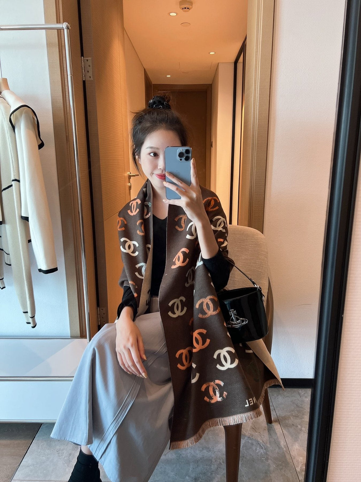 Chanel Patterned Fringed Scarf