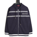 Gucci Chest-Logo Contrast-Stripe Hooded Zip Jacket - Navy